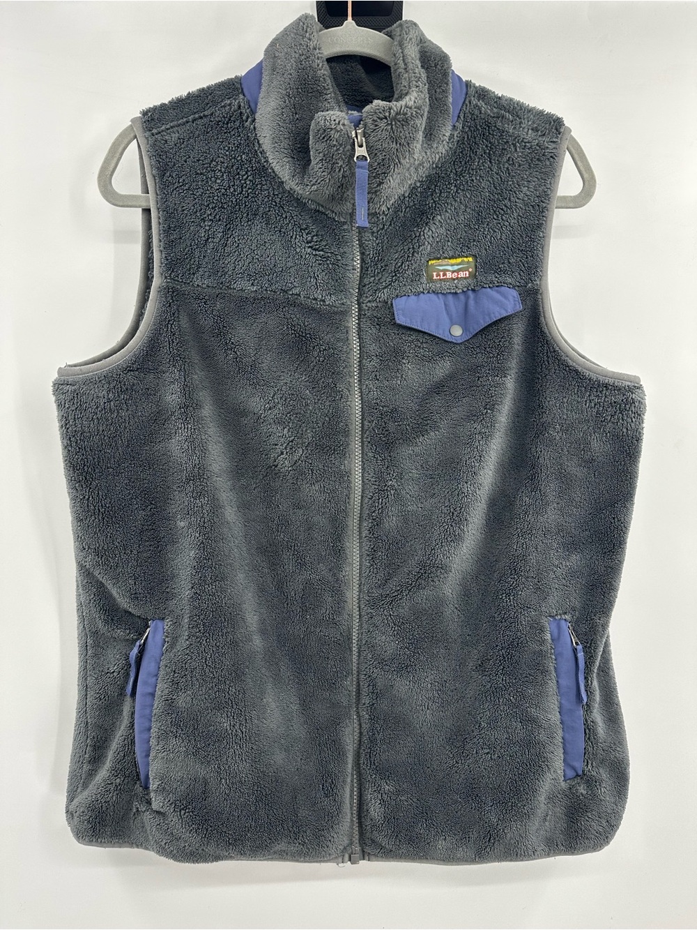 L.L. Bean Charcoal Gray Sherpa Vest with Blue Accents